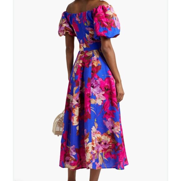 Nicholas Off-The-shoulder Floral-Print Linen-Blend Midi Dress w Puff Sleeves, 8 - Picture 1 of 8